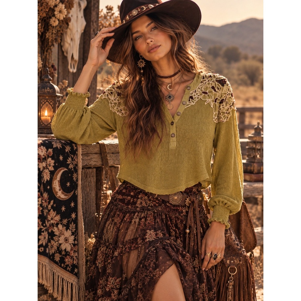 Free People Boho Olive Mustard Floral Embroidered Crochet Henley Thermal Top XS